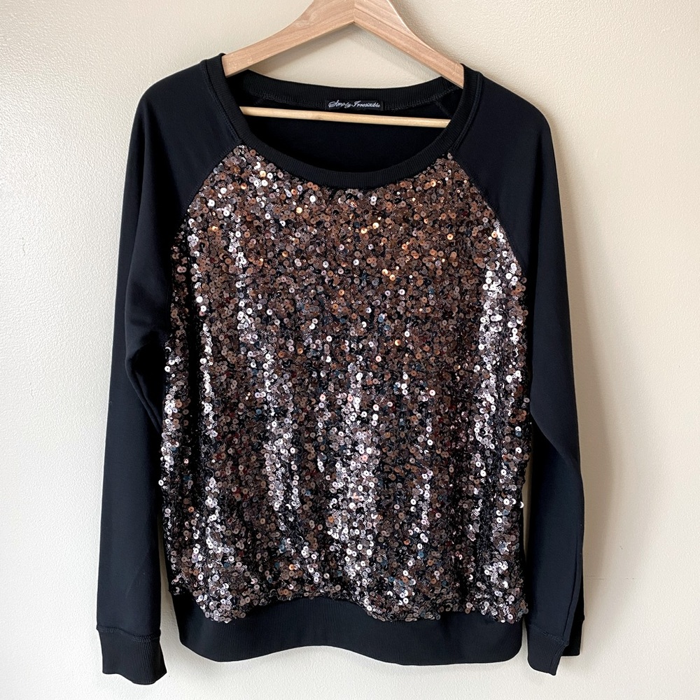 Simply Irresistible Black Long Sleeve Top Sequins on Front Banded Waist Size XL